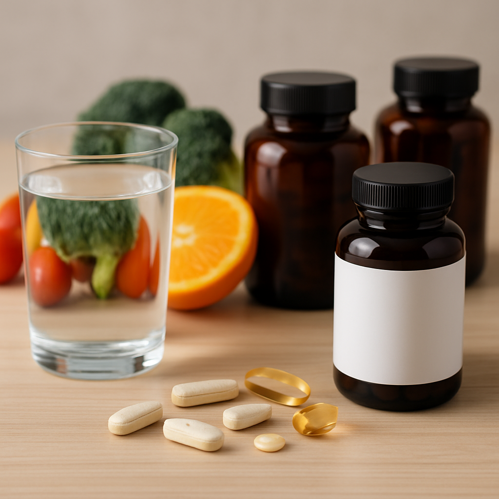 Frascos de suplementos ao lado de alimentos naturais e um copo de água, simbolizando o equilíbrio entre alimentação e suplementação
